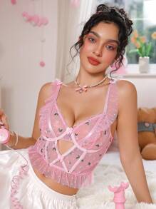 SHEIN 1 pieza Sujetador sexy con aros bordado de encaje para mujer - Rosa - Ver 3