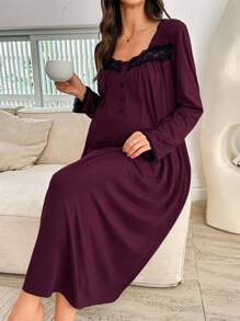 Moonlight&Mama Maternity Women Casual Lace Patchwork Aweetheart Neck Loose Long Sleeve Nightdress, Fall, Winter - Burgundy - View 1