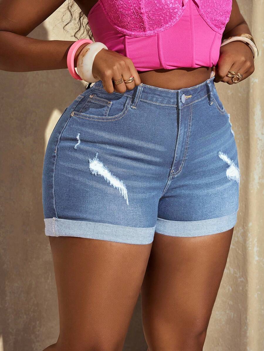 Slaydiva Plus Size Fashion Street Style Tight Fit Casual Denim Shorts For Summer Ripped Denim Shorts - Medium Wash - View 1
