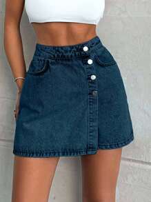 EURMUSE 100%Cotton LIGHT WASH BUTTONS DETAIL SHORT SKIRT - Teal Blue - View 7