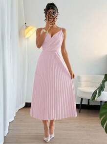Rafferiza Islaluna 女士高级优雅法式 V 领吊带褶皱连衣裙 - 粉色 - 查看 5