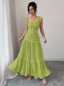 Rafferiza 优雅甜美针织提花纹理方领无袖前开裙，女式两件套，适合春夏季 - 綠色 - 查看 5