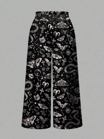 Goth Pantaloni neri larghi e morbidi con stampa gotica e misteriosa di teschi, corvi, croci, stelle, falene, serpenti, costellazioni, occhi e lune, adatti per donne taglie forti