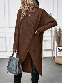 EMERY ROSE Women's Casual Solid Color Wrap Sweater, Autumn/Winter Knit Pullover Fall - Brown - View 5