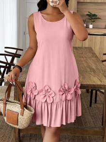 EMERY ROSE Plus Size Holiday Casual Sleeveless Dress With 3D Floral Decor - Pink - View 1