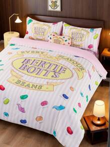HARRY POTTER X SHEIN 3pcs Bedding Set, Jelly Bean Print Pattern, Pink Duvet Cover, Comfortable Soft Warm Washable, Suitable For Twin/Full/Queen/King Size Bed, Dorm/Home,Christmas