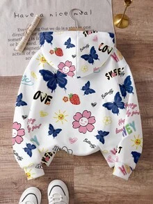 Elladie kids 1 件女童可爱蝴蝶花朵字母印花连帽运动衫，适合年轻女孩春秋季的时尚休闲上衣 - 彩色 - 查看 2
