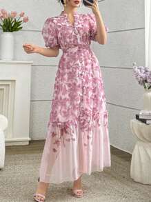 SHEIN Najma 法式浪漫优雅复古纽扣装饰女士华丽浪漫风格连衣裙 - 彩色 - 查看 3