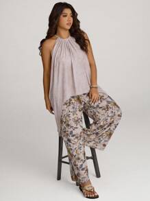 SHEIN LUNE Conjunto de top de tirantes asimétrico y pantalón ancho de pierna ancha de estilo asiático informal con estampado floral para mujer de talla grande