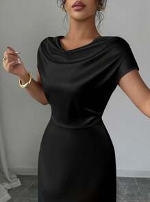 Rafferiza 女士优雅约会/通勤高领系带连衣裙，短袖 - 黑色 - 查看 3