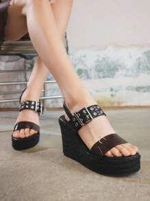 Sugerpunk Women's Platform Wedge Sandals, Round Toe, Black, Straw Woven Rope Sole, Open-Toe, Strap, Rivet Decor, Summer, Vacation Style - Black - View 9