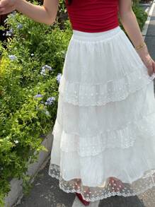 DAZY 女士夏季蕾丝拼接休闲A字裙 - 白色 - 查看 2