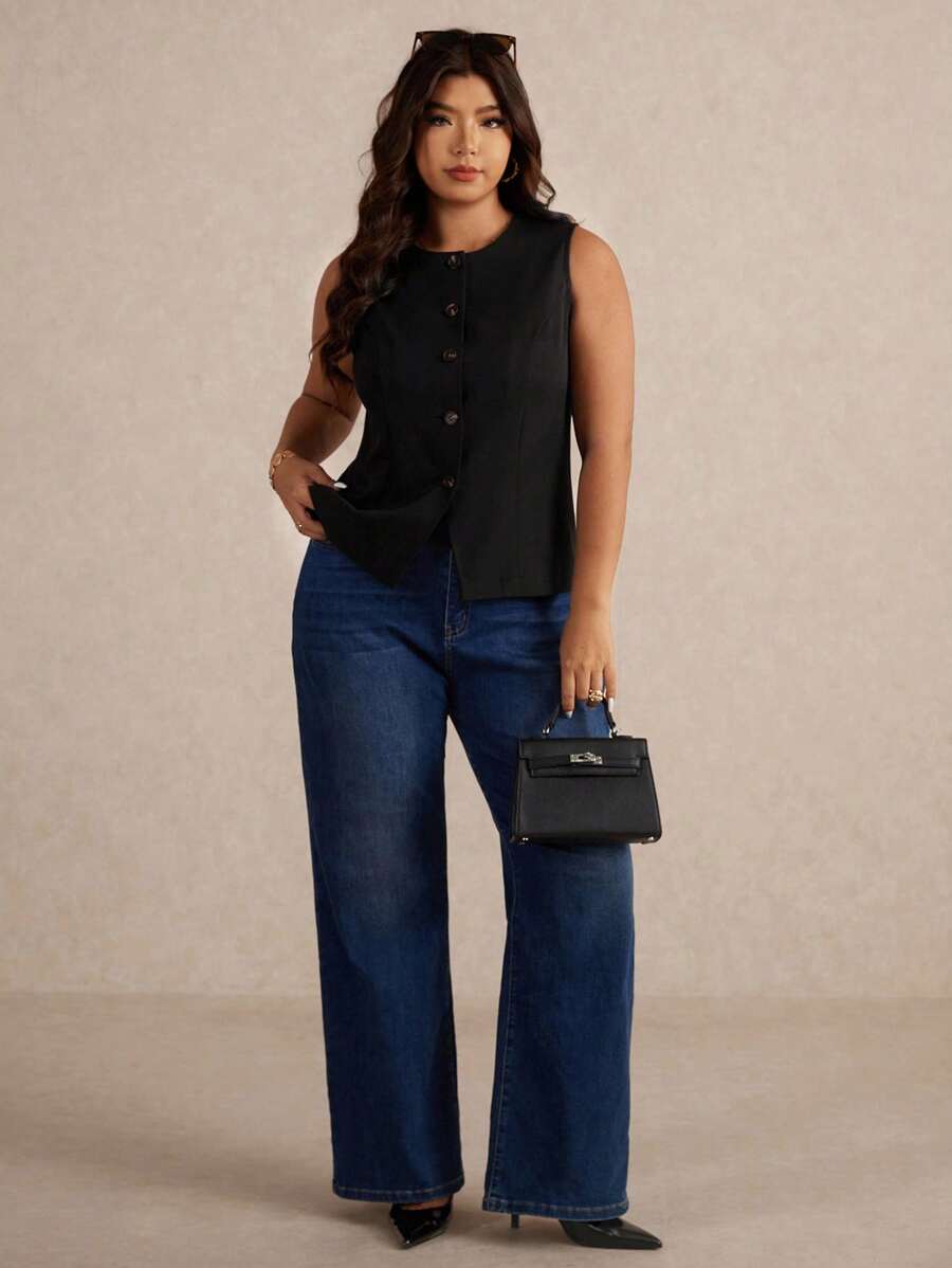 Elaquor 秋冬大码女式纯色单排扣休闲背心