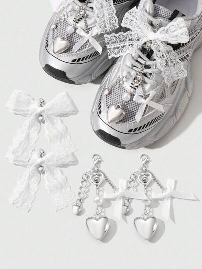 Kawaii 4pcs Elegant Minimalist Fashion Versatile High-End Hollow Silver CCB Heart + White Lace Bow DIY Shoe Clips Decorations Combo Set, Suitable For Women, Daily Wear, Holiday Gift