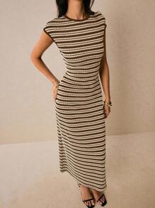 Poéselle Women's Casual Striped Round Neck Dress, Summer - Brown - View 4