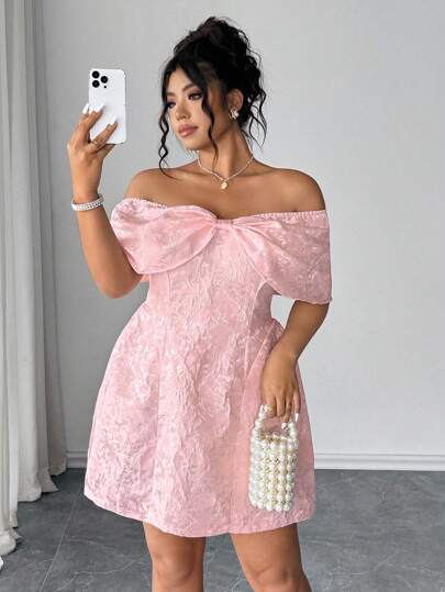 SHEIN PETITE Vestido de fiesta corto de escote hombros descubiertos con lazo para mujeres de tallas grandes