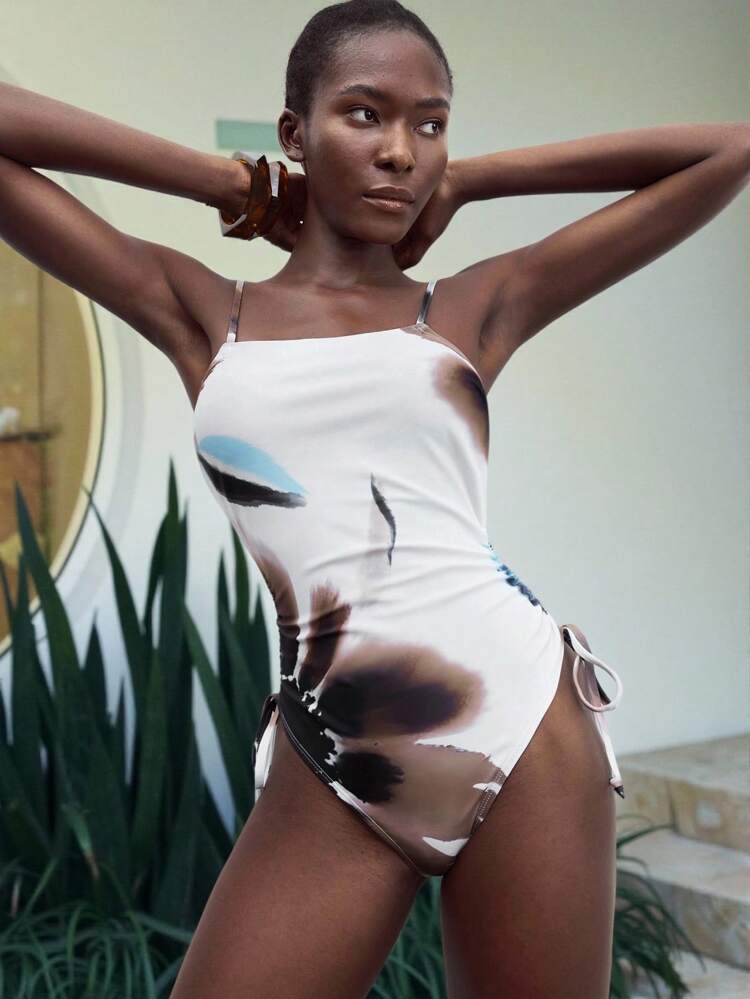 SHEIN Maija Women's Floral Print Side Drawstring One-Piece Swimsuit, Vacation Wear One Piece Bathing Suit Multicolor Petite Swimwear Takini Swimsuit Musera Swimsuit Western Bathing Suit,Beach Vacation Outfits