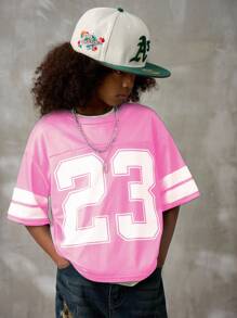 Coolane Camiseta casual de manga corta de cuello redondo con estampado numérico minimalista, unicolor y parches para adolescentes, para primavera/verano