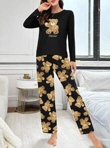 可爱小熊印花长袖上衣和裤子睡衣套装，泰迪熊可爱柔软睡衣套装，秋冬服装