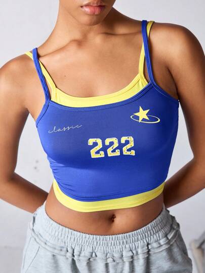 Streetz SHEIN Sport Top de yoga y entrenamiento crop top con impresión de letra en 2 colores contrastantes, versátil y casual