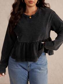 Elaquor 大码休闲简约纯色圆领荷叶边下摆T恤 - 灰色 - 查看 4