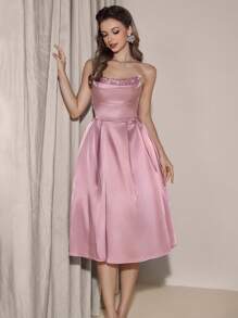 Poshira Váy suông satin bó eo thanh lịch và duyên dáng dành cho nữ, phù hợp cho các sự kiện trang trọng - Hồng - Xem 5
