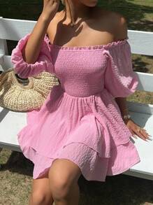 Sunnyshic 女士夏季纯色纹理泡泡袖露肩束腰连衣裙 - 粉色 - 查看 1