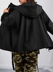 SHEIN CURVE+ Curves 大码/学校服装/返校服装/返校女士大码落肩抽绳拉链连帽夹克，女士秋装、冬季、CURVE PLUS - 黑色 - 查看 3