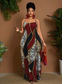 Maweii 春夏豹纹撞色针织弹力面料休闲优雅修身连衣裙，时尚设计，适合日常/海滩/约会穿着，红色加大码长款连衣裙 - 酒紅色 - 查看 1
