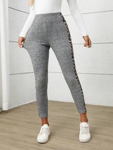 EMERY ROSE Quần legging họa tiết da báo, họa tiết động vật, cạp chun co giãn, quần legging nữ, quần co giãn thường ngày, quần legging có gân, quần áo mùa thu cho nữ, quần họa tiết da báo cho nữ - Xám - Xem 7
