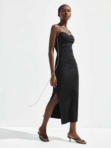 Maija Robe sans manches dos croisé sexy de couleur unie pour femme, robe d'été dos nu - Noir - Voir 4