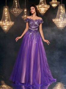 Glamrae 优雅奢华串珠花卉亮片拼接网眼大摆露肩连衣裙，适合婚礼、派对、舞会、度假、舞会、正式场合（重型设计） - 紫色 - 查看 6