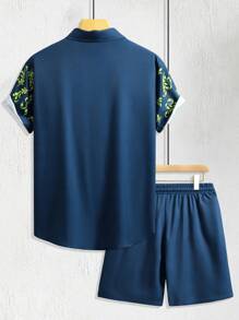 Manfinity RSRT 男士度假花卉印花短袖衬衫和短裤休闲两件套 - 藍色 - 查看 2