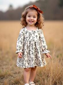 SHEIN 女婴休闲简约舒适方领泡泡袖碎花腰带连衣裙