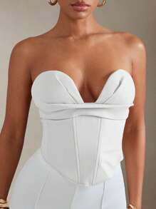 Hauture 女士纯色褶饰设计抹胸短款上衣，性感修身 - 白色 - 查看 2