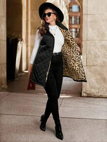 SHEIN Clasi 大码女式豹纹印花衬里口袋拉链前襟背心外套，适合秋冬季穿着 - 黑色 - 查看 6