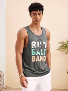 Manfinity VCAY Chaleco ligero y transpirable de punto con estampado de palmeras y letras hawaianas para hombres, ideal para vestimenta casual de playa, vacaciones y surf en verano, color gris