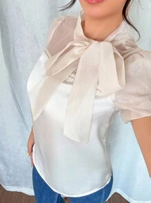 Islaluna Áo sơ mi nữ có nơ và trang trí ngọc trai, tay bồng, xuân/hè - Màu be - Xem 8