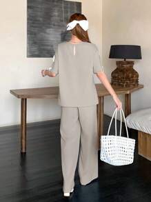 SHEIN 少女宝蓝色纯色编织纯色圆领蝴蝶结宽松T恤和宽松长裤两件套休闲套装