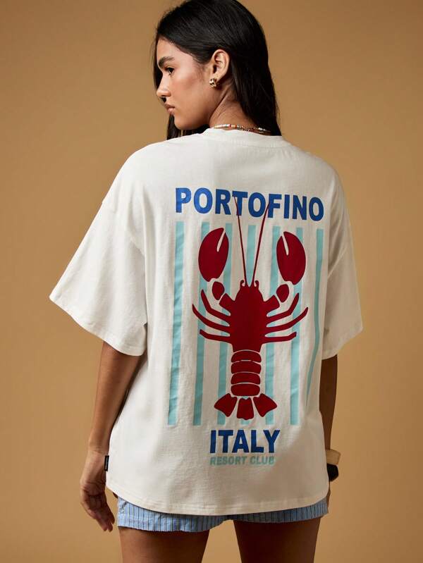 MISSGUIDED Portofino Italy Resort Club Oversized T-Shirt Mediterranean Coastal Vacation Beachwear Red Lobster Summer Casual Cotton Tee Weekend Getaway Loungewear