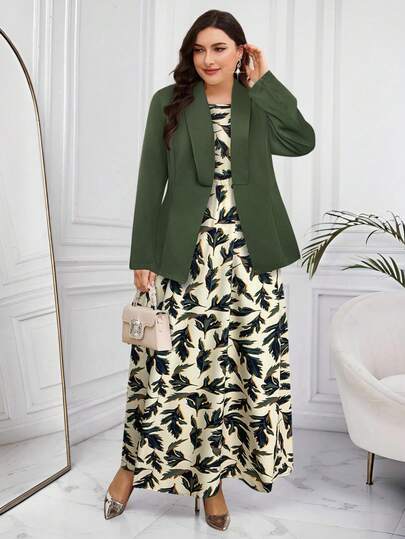 Modelyn 大码女式两件套：植物印花长裙和纯色披肩领长袖开衫