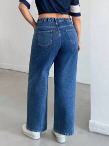 EURMUSE High Waist Elastic Belt Wideleg Jean Wide Leg Jeans Loose Jeans Oversized Jeans Flared Jeans Summer Jeans - Medium Wash - View 2