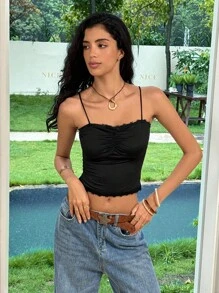 Ria Solene Summer Casual Versatile Solid Color Lace Trim Cropped Cami Top - Black - View 1