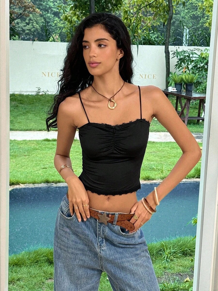 Ria Solene Summer Casual Versatile Solid Color Lace Trim Cropped Cami Top - Black - View 1