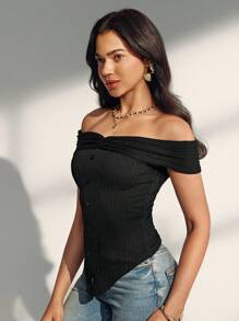 Almamuse 女士休闲纯色性感修身露肩上衣 - 黑色 - 查看 9