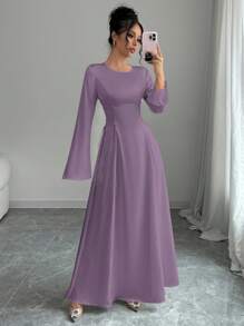 Elenzga Đầm Maxi Satin Tay Loe Cinched A-Line Màu Mơ Thanh Lịch Cho Nữ - Bụi tím - Xem 5