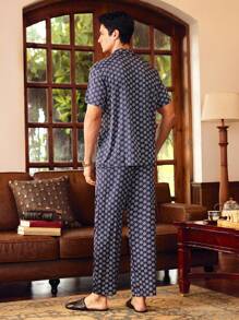 EverLounge Men's Geometric Print Short Sleeve Buttoned Top & Pants Homewear Set - Multicolor - View 2