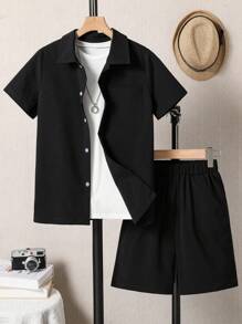 SHEIN Vacaura 2 件套青少年男孩纯色短袖单排扣衬衫和短裤休闲套装 - 黑色 - 查看 7