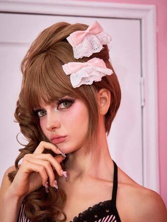 Kawaii 2 pezzi Accessori per capelli eleganti e alla moda: fermagli per capelli rosa con fiocco in stile carino e fermagli con bordo in pizzo floreale