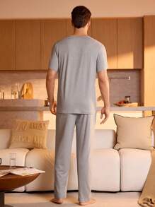 SHEIN Men Solid Tee & Trousers PJ Set - Light Grey - View 2